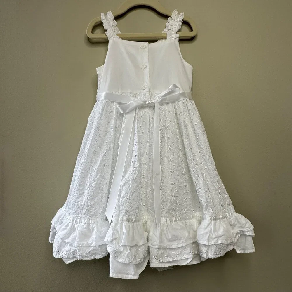 ORIGAMI White Eyelet Dress Girls 3T 3 Floral Waist Cotton Toddler Girl Fancy - Picture 2 of 10